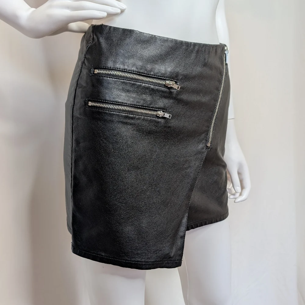 Black Faux Leather Asymmetrical Hem Mini Skirt With Zipper Details